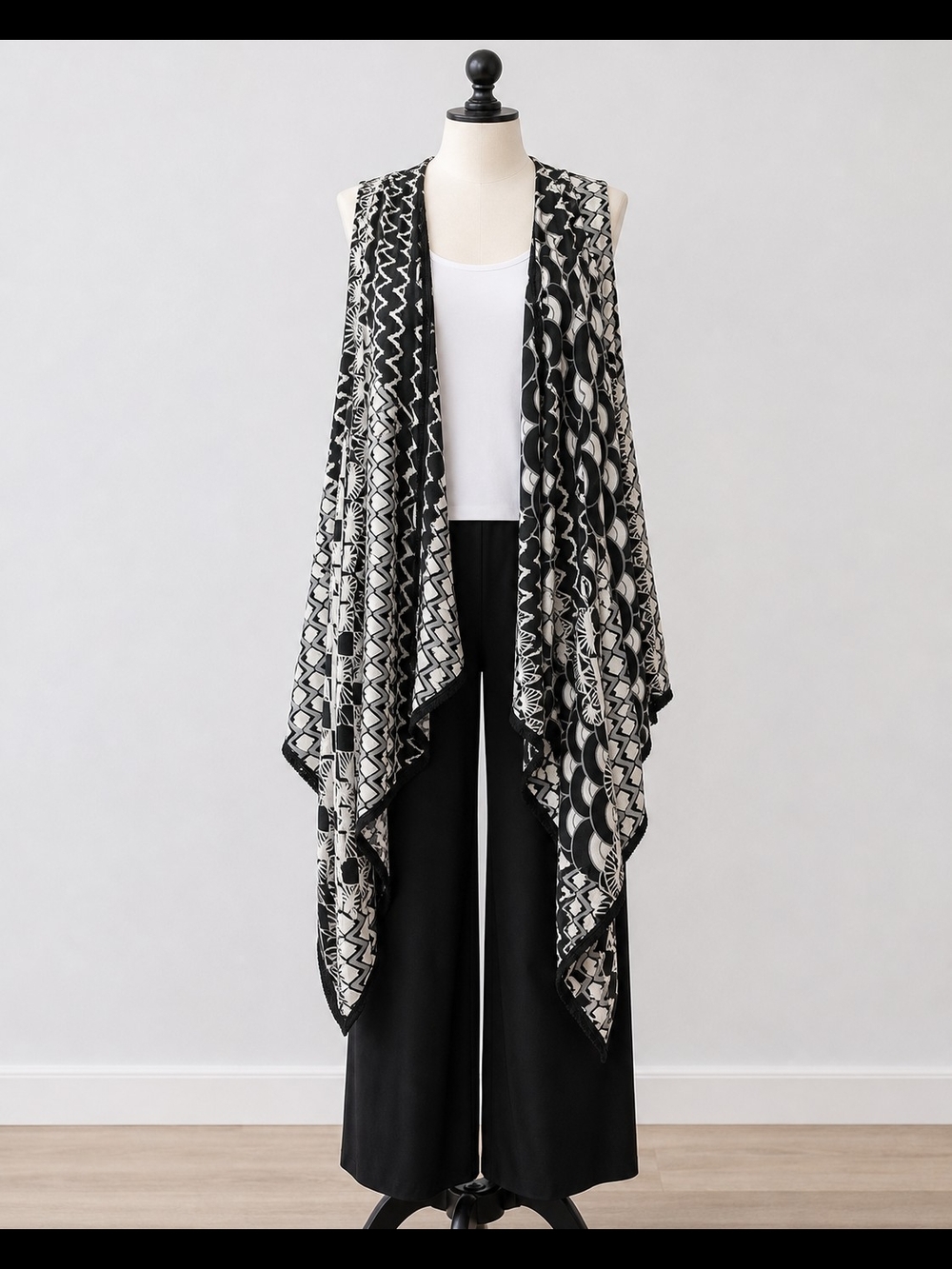 Colleen Lopez Black and White Patterned Draped Vest